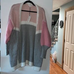 Newbury Kustom Pink Gray Cable Knit Open Cardigan Sweater